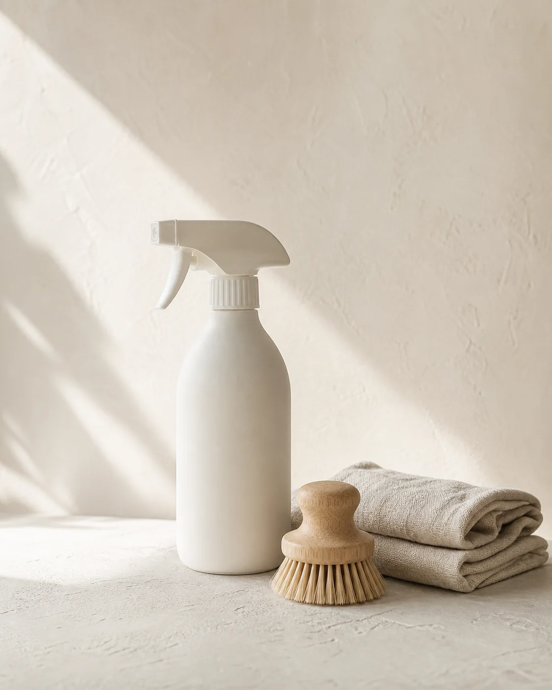 A matte white cleaning spray bottle, natural bristle brush, and folded pale cloth in soft side light.