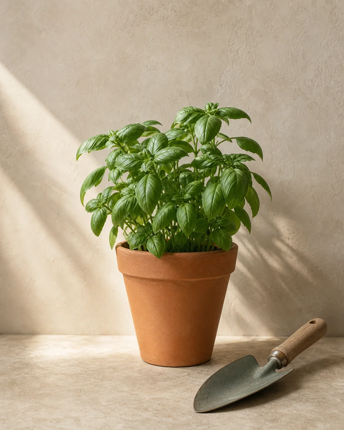 A healthy green plant in a terracotta pot with a small garden trowel on a pale beige surface.