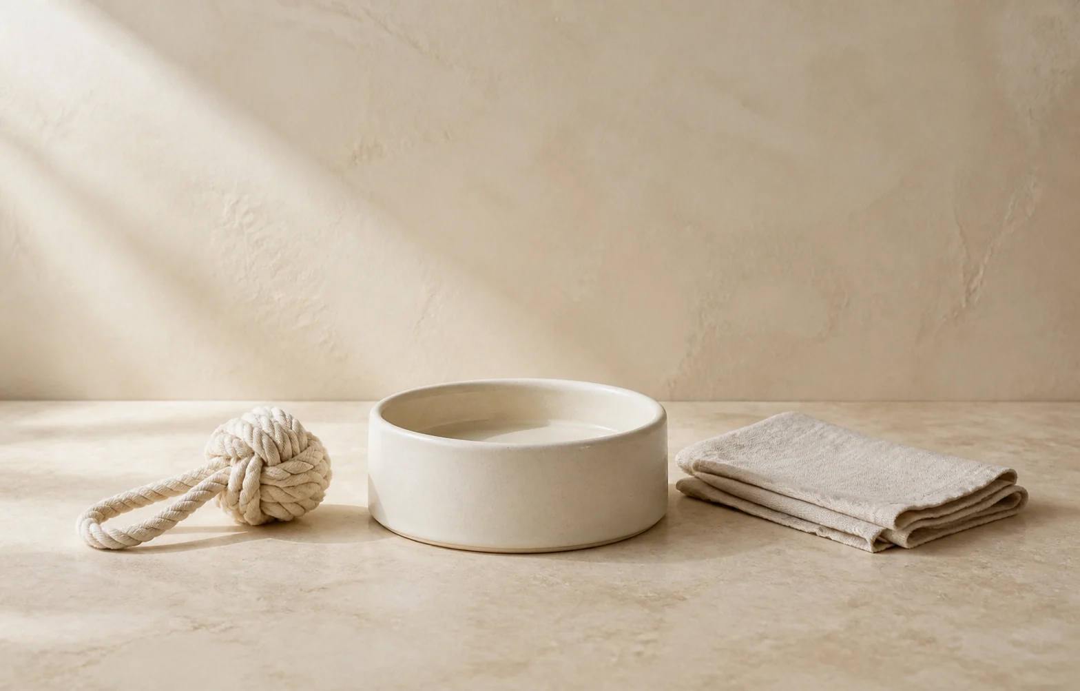 A ceramic pet bowl, cotton rope toy, and folded beige textile on a warm woven surface.