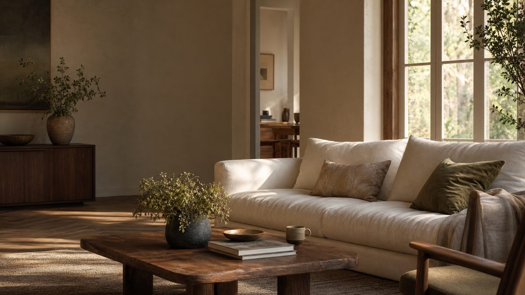 A warm living room with a linen sofa, wood coffee table, plants, and soft natural light.
